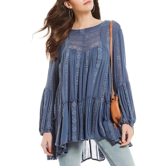Free People Kiss Kiss Lace Insert Tunic Blue - Picture 2 of 15